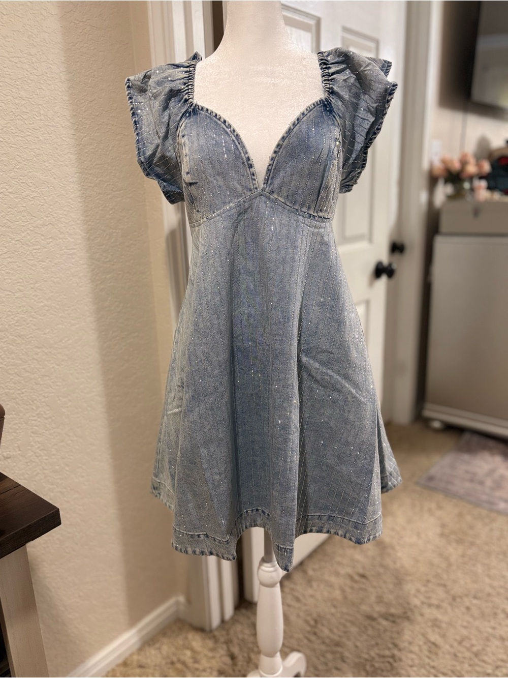 Sparkle Light Blue Denim Mini Dress with Ruffled Cap Sleeves.beaded withcrystals